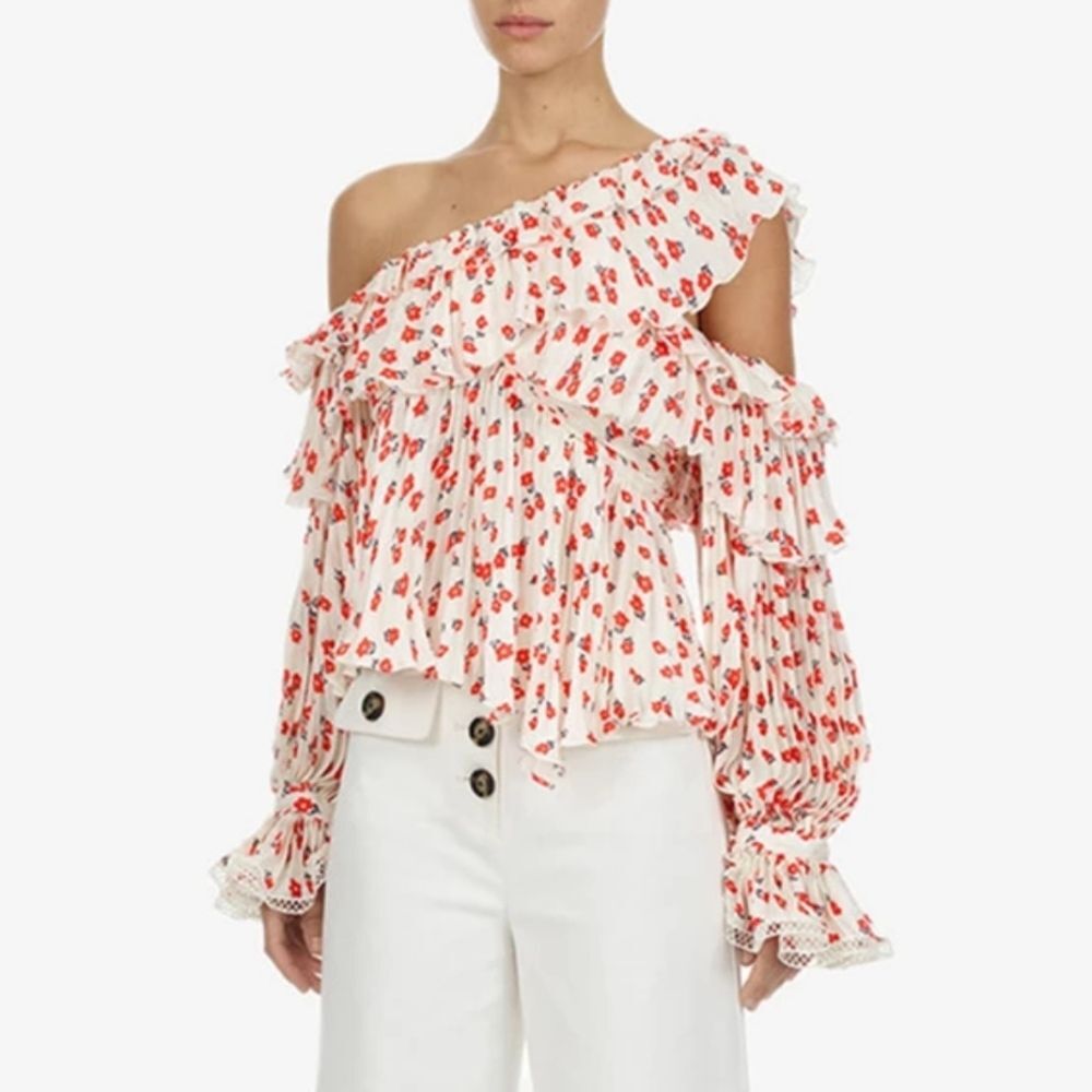 Self-Portrait One Shoulder Ditsy Jacquard Floral Print Ruffle Pleat Top Blouse